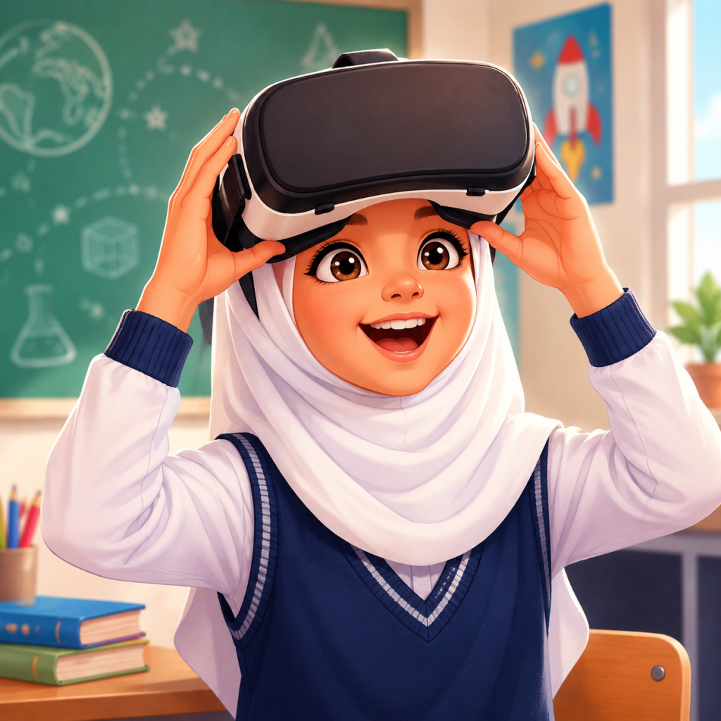 دانش اموز عینک واقعیت مجازی بر صورت دارد